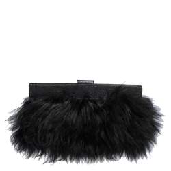 Pre Owned Dkny Black/Navy Blue Leather and Faux Fur Pushlock Flap Clutch