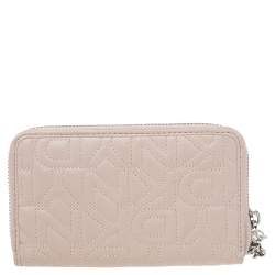 Pre Owned Dkny Pink Quilted Leather Zip Around Compact Wallet