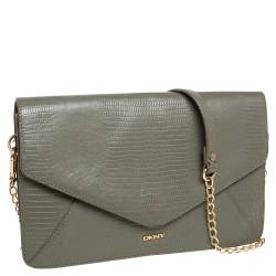 Pre Owned DKNY Green Lizard Embossed Leather Envelope Chain Clutch