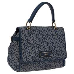 Pre Owned حقيبة دي كيه إن واي جلد وكانفاس بالشعار أزرق يد علوية 