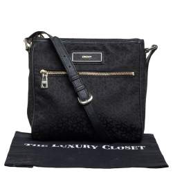 DKNY Black Signature Canvas and Leather Trim Front Pocket Messenger Bag