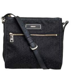 DKNY Black Signature Canvas and Leather Trim Front Pocket Messenger Bag