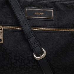DKNY Black Signature Canvas and Leather Trim Front Pocket Messenger Bag