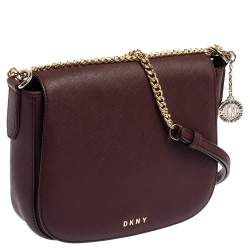Pre Owned Dkny Burgundy Leather Flap Saddle Chain Shoulder Bag