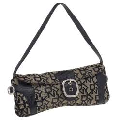 Pre Owned حقيبة كتف دي كيه إن واي جلد نقشة السحلية وكانفاس بالشعار بيج/بني 