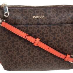 Dkny Orange/Brown Signature Coated Canvas and Leather Trim Messenger