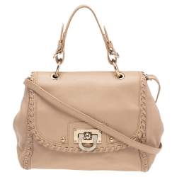 Pre Owned Dkny Beige Leather Whipstitch Flap Top Handle Bag