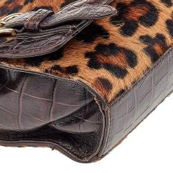 Pre Owned DKNY Brown Calf Hair and Croc Embossed Leather Top Handle Bag