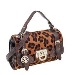 Pre Owned DKNY Brown Calf Hair and Croc Embossed Leather Top Handle Bag