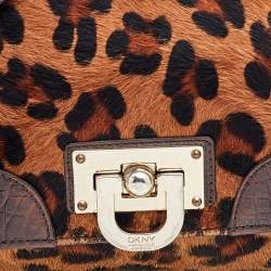 Pre Owned DKNY Brown Calf Hair and Croc Embossed Leather Top Handle Bag