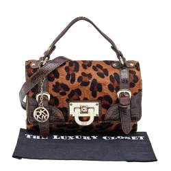 Pre Owned DKNY Brown Calf Hair and Croc Embossed Leather Top Handle Bag