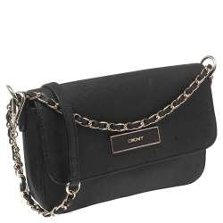 Pre Owned DKNY Black Saffiano Leather Logo Flap Shoulder Bag