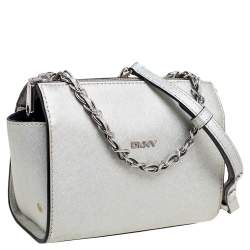 Pre Owned DKNY Silver Saffiano Leather Zip Crossbody Bag 