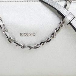 Pre Owned DKNY Silver Saffiano Leather Zip Crossbody Bag 