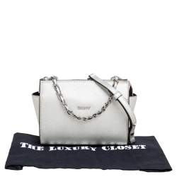 Pre Owned DKNY Silver Saffiano Leather Zip Crossbody Bag 
