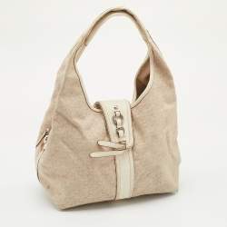 DKNY Light Beige/Cream Canvas and Leather Hobo