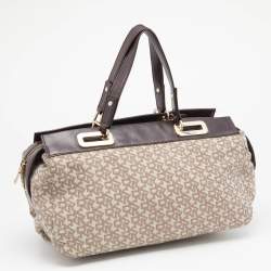 Pre Owned DKNY Beige/Dark Brown Monogram Canvas And Leather Satchel