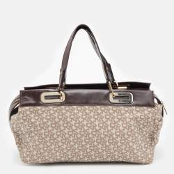 Pre Owned DKNY Beige/Dark Brown Monogram Canvas And Leather Satchel