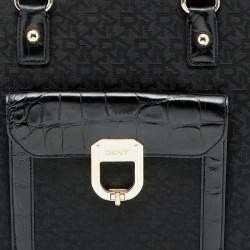 Pre Owned DKNY Black Signature Nylon and Croc Embossed Leather Tote