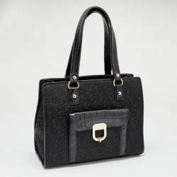 Pre Owned DKNY Black Signature Nylon and Croc Embossed Leather Tote
