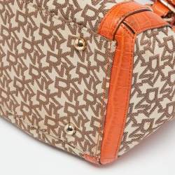 Pre Owned DKNY Orange/Beige Monogram Canvas and Croc Embossed Leather Zip Satchel