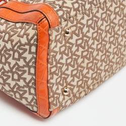 Pre Owned DKNY Orange/Beige Monogram Canvas and Croc Embossed Leather Zip Satchel