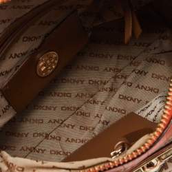 Pre Owned DKNY Orange/Beige Monogram Canvas and Croc Embossed Leather Zip Satchel