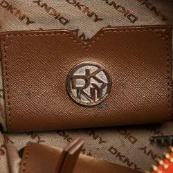 Pre Owned DKNY Orange/Beige Monogram Canvas and Croc Embossed Leather Zip Satchel