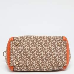 Pre Owned DKNY Orange/Beige Monogram Canvas and Croc Embossed Leather Zip Satchel