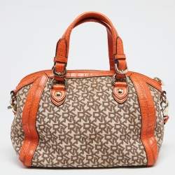 Pre Owned DKNY Orange/Beige Monogram Canvas and Croc Embossed Leather Zip Satchel