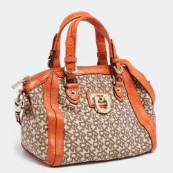 Pre Owned DKNY Orange/Beige Monogram Canvas and Croc Embossed Leather Zip Satchel