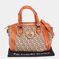 Pre Owned DKNY Orange/Beige Monogram Canvas and Croc Embossed Leather Zip Satchel