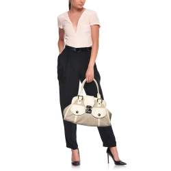 Pre Owned DKNY Off White Signature Canvas And Leather Satchel
