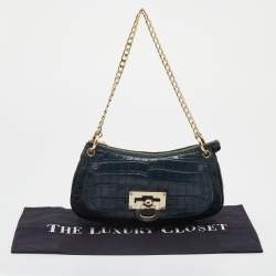 Pre Owned Dkny Green Croc Embossed Leather Chain Shoulder Bag