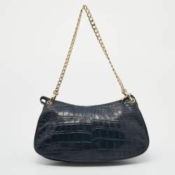 Pre Owned Dkny Green Croc Embossed Leather Chain Shoulder Bag