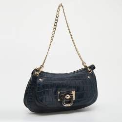 Pre Owned Dkny Green Croc Embossed Leather Chain Shoulder Bag