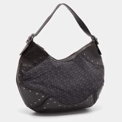 Pre Owned Dkny Brown/Grey Leather and Canvas Studded Hobo