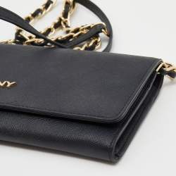 Pre Owned DKNY Black Saffiano Leather Flap Wallet on Chain
