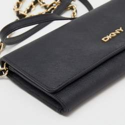 Pre Owned DKNY Black Saffiano Leather Flap Wallet on Chain