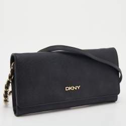 Pre Owned DKNY Black Saffiano Leather Flap Wallet on Chain
