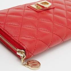 Pre Owned DKNY Red Quilted Leather Zip Around Wallet