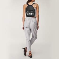 Pre Owned DKNY Black Nylon And Leather Mini Front DKNY Print Pocket Backpack