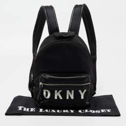 Pre Owned DKNY Black Nylon And Leather Mini Front DKNY Print Pocket Backpack