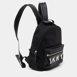Pre Owned DKNY Black Nylon And Leather Mini Front DKNY Print Pocket Backpack