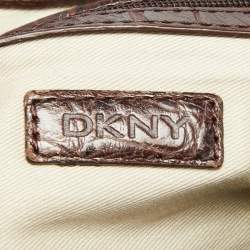 Pre Owned DKNY Brown Signature Canvas and Croc Embossed Leather Push Lock Flap Hobo