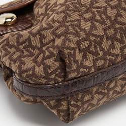 Pre Owned DKNY Brown Signature Canvas and Croc Embossed Leather Push Lock Flap Hobo