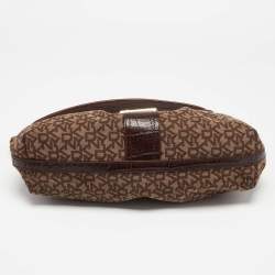 Pre Owned DKNY Brown Signature Canvas and Croc Embossed Leather Push Lock Flap Hobo