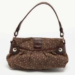 Pre Owned DKNY Brown Signature Canvas and Croc Embossed Leather Push Lock Flap Hobo