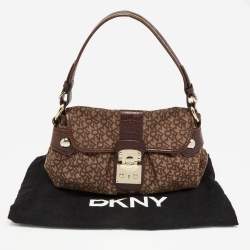 Pre Owned DKNY Brown Signature Canvas and Croc Embossed Leather Push Lock Flap Hobo