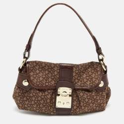 Pre Owned DKNY Brown Signature Canvas and Croc Embossed Leather Push Lock Flap Hobo